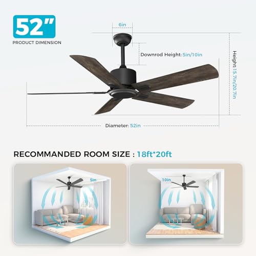 Image of Obabala 52 Inch Ceiling Fan No Light, Modern Black Ceiling Fan Without Light with Remote & APP, Quiet Reversible DC Motor, 6-Speeds, for Living Room, Bedroom, Patio (Black+Brown)