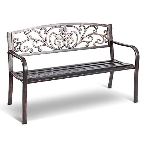 RELAX4LIFE Banc de Jardin en Fonte d’Acier pour 2-3 Personnes, Résistant et Confortable avec Dossier Ciselé, Accoudoirs Arrondis et Pieds Durables, Utilisation en Extérieur, Bronzé/Noir(Bronzé)