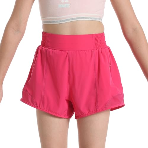 Hotfiary Pantalones Cortos de Deporte con Forro para Niñas, Pantalones Cortos de Running con Cintura Alta Y Bolsillos con Cremallera, Pantalones Cortos de Entrenamiento para Jóvenes