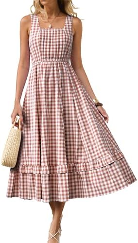 Caracilia Womens Summer Casual Gingham Plaid Midi Dress Sleeveles...