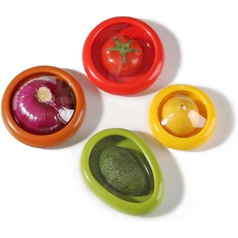 KAZETEC Set of 4 Reusable Silicone Fruit and Vegetable Storage Containers for Fridge - Keep Your Avocado, Onion, and Fruit Fresh and Organized in the Kitchen Cover