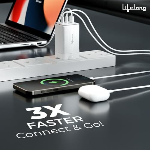 Image of Lifelong Electronics 65W Super Fast GaN Charger PD Technology | 1 USB A + 2 Type C Ports | iPhone 17 /16 /15 /14 (Including Pro Max), Android, Samsung | Laptops - MacBook, Dell, HP, Lenovo, Acer, ASUS