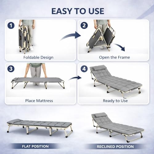 Image of 5in1 Folding Bed for Sleeping with Removable Soft Cushion 4cm & Pillow Multi Adjustable Convertable Indoor Recliner Bed for Adults Outdoor for Travelling Upto 150KG (193cmx67cm X34cm)