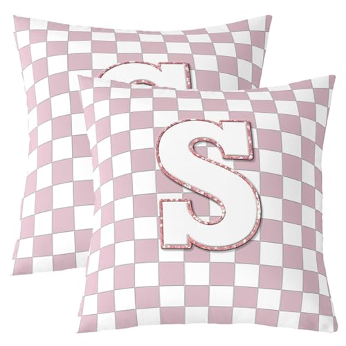 Image of Erosebridal Pink Initial S Throw Pillow Covers 18x18 Set of 2 Kawaii Plaid Checkered Pillow Covers Cute Personalized Monogram Cushion Cover Fashion Grids Gingham Pillow Cases for Couch Sofa