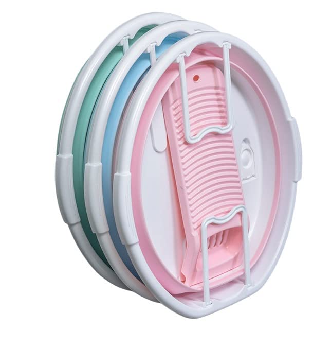 GRTG Lavabo plegable + tabla de lavandería, redondo, adecuado para lavar la ropa con la mano (color: azul, tamaño: 1 unidades)