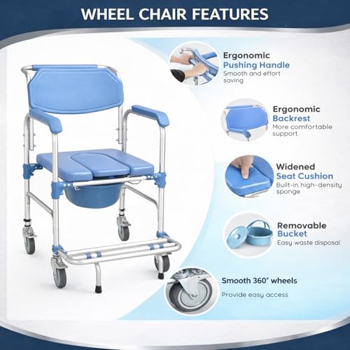 Image of 3-in-1 Commode Wheelchair for Seniors & Patients 150kg Capacity Portable Shower Chair with Rolling Wheels & Removable Bucket, Fits Indian & Western Toilets (90x55x51 cm, Blue)