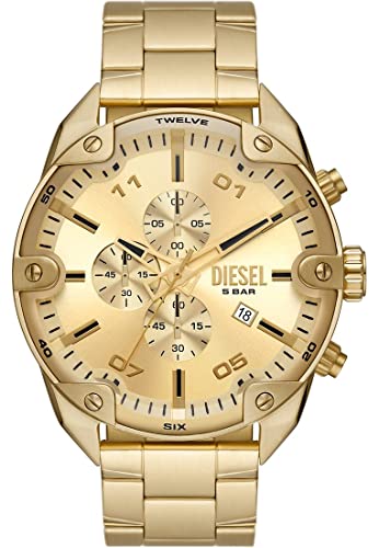 Diesel Montre pour homme, Spiked, mouvement chronographe, boîtier en acier inoxydable doré de 49 mm avec bracelet en acier inoxydable, DZ4608