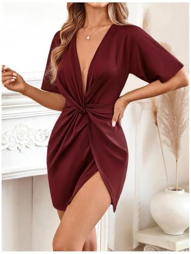 Image of Floerns Women's Deep V Neck Twisted Plunging High Slit Mini Party Dress