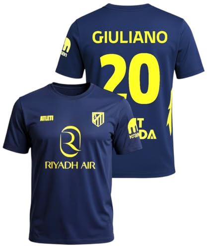 Atletico de Madrid - Camiseta Segunda Equipación 2025‑2026 | Réplica Oficial Giuliano 20 | Azul Marino y Amarillo | Corte Clásico | Tejido Transpirable (FR/ES, Letras, M, Regular, Regular)
