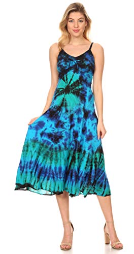Image of Sakkas Adela Women's Tie Dye Embroidered Adjustable Spaghetti Straps Long Dress