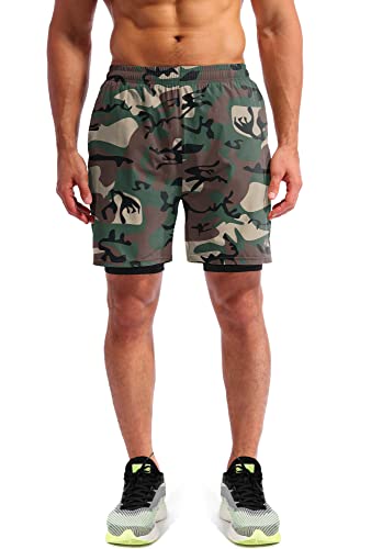 Image of Pudolla Men's 2 in 1 Running Shorts 5 inch Quick Dry Gym Athletic Workout Shorts for Men with Phone Pockets