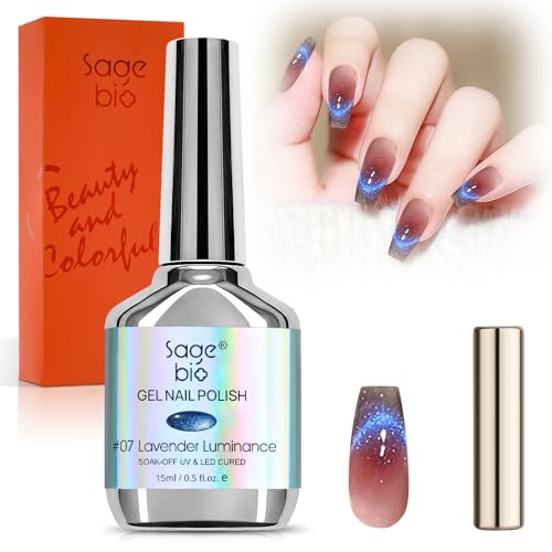 SAGEBIO Crushed Diamond Cat Eye Gel Nail Polish with Magnet Stick, 15ml Holographic Glitter Gel, Ideal for DIY Nail Art, Lavender Luminance