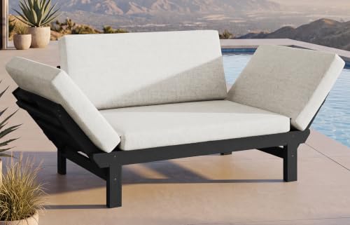 SERWALL HDPE Convertible Patio Couch Sofa Bed with Adjustable Armrests, Outdoor Daybed Sofa, Collapsible Chaise with Cushion, Patio Loveseat Bench for Backyard, Garden, Black