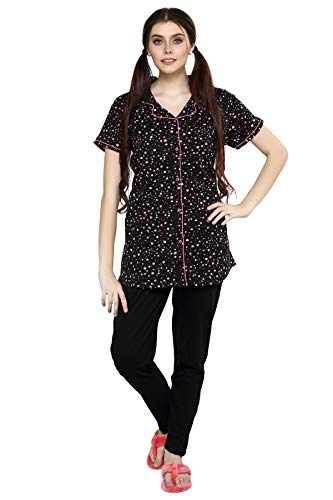Image of Evolove Women's Polyester Half Sleeves Collared Night Suit Set /Top Pyjama Set Super Soft Comfortable (Nightsuit-Collar-HS-2)