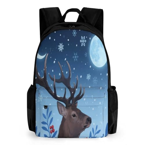 Elk Winter Night Starry Sky Art Daypack Backpack Polyester Anti-Theft Multipurpose Bookbag Big Capacity Travel Hiking & Camping Rucksack With Smooth Zippers