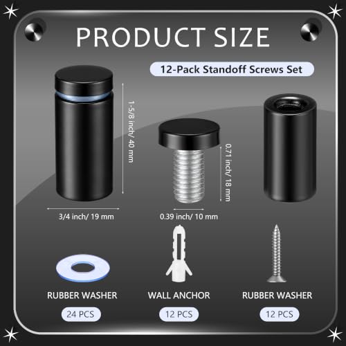Image of Pelopy 12 Pcs Sign Standoff Screws Advertising Screws Stainless Steel Wall Standoff Mounts Glass Acrylic Nail (3 /4 x 1-5 /8 Inch,Black)