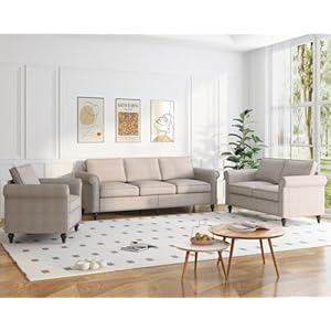 Mjkone 3 Pieces Sofa Set, Comfortable Linen Living Room Sofa Couch and Loveseat Chair Set with Wood Frame, Gourd Shape Wood Legs, Nailhead Trim, Modern Sectional Sofas Couches for Living Room, Beige