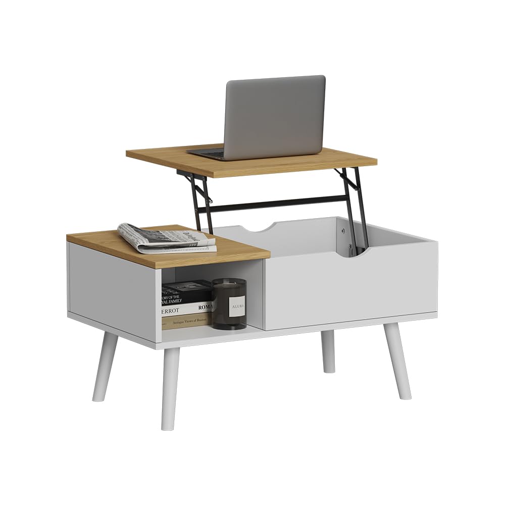 Vicco Couchtisch Stora, Weiß/Eiche, 76 x 45 cm | mit Liftfunktion, höhenverstellbarer Tischplatte und offenem Ablagefach