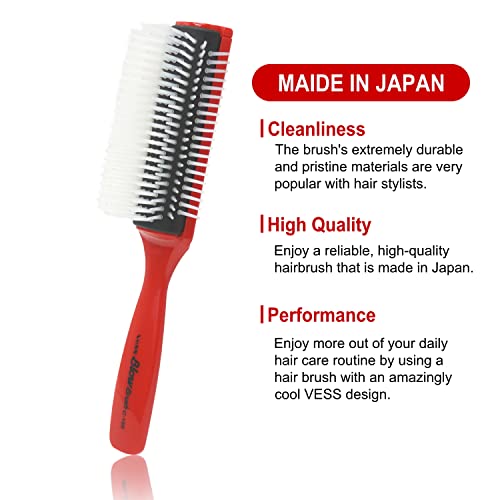 Vess Blow And Styling Hair Brush, Wide 9 Row Round Type- Light Weight -Made In Japan-C-150 (Red) #TOP5
