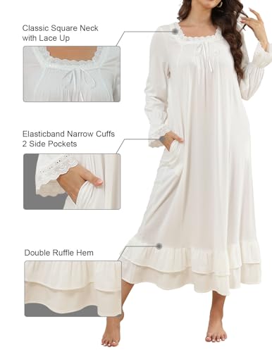 Women's Victorian Nightgown Soft Cotton Sleepwear Long Sleeve Princess Nightdress with Pockets3