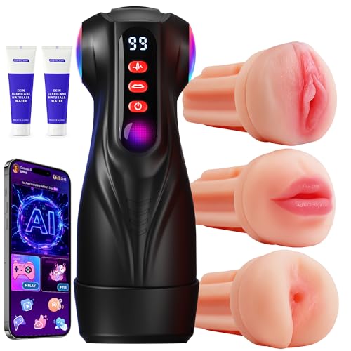 Uoffile Male Masturbator Sex Toys for Men - 3 Sleeves AI Sync Pocket Pussy Penis Pump with 9 Sucking & 9 Vibrating, APP Adult Toys Mens Sex Toy, Colorful Lighting Stroker Machine Erotic Massage Kits