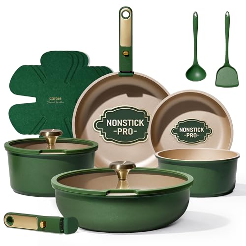 CAROTE Green&Gold Nonstick Cookware Set,15Pcs Pots and Pans Set Non Stick Detachable/Removable Handle,Kitchen Cooking Set Dishwasher Safe, RV Kitchen Pot and Pan, Induction Cookware