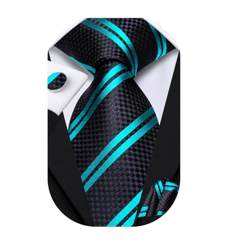 Image of Dubulle Mens Paisley Black Teal Striped Tie and Handkerchief Cufflinks Tie Set for Men Wedding Business Formal