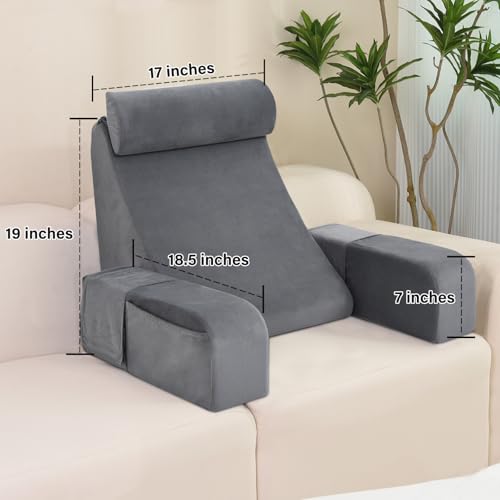 ENITYA Reading Pillow for Sitting in Bed Adult, 19" Back Support Pillow for Bed Sitting up, Backrest Cushion for Reclining,Gaming,Resting,Watching TV in Couch or Floor, Wedge with Arms, Medium(Grey)