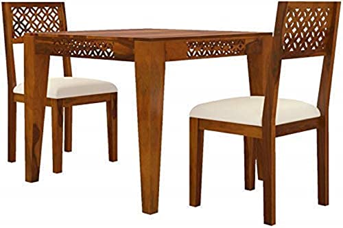 Image of Sheesham Wood 2 Seater Dining Table with 2 Cushion Chairs for Dining Room Living Room Home Office Wooden CNC Design Dinner Table Furniture (Teak Finish) | 1 Year Warranty