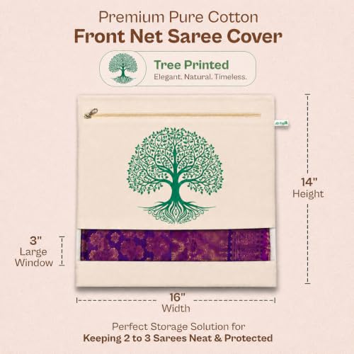 Image of JD Fresh 6 Pcs Cotton Saree Bags /Tree Printed Cover for Storage /Transparent Mesh Window & Zip Closure for Clothes Bags /Wardrobe Organizer for Saree, Kurtis & Blouses (16 x 14 Inches, Off White)