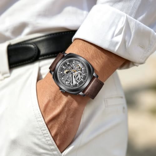 Image of Benyar Automatic Watches for Men | Skeleton Mechanical Leather Strap Mens Watch | 45mm Dial | 30M Waterproof | Men's Stylish Gift