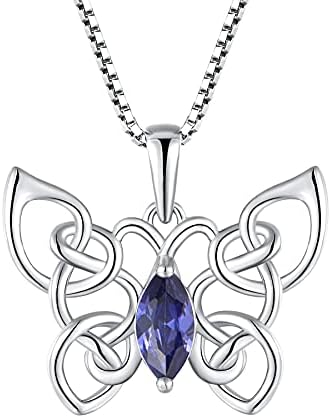 FJ Butterfly Necklace 925 Sterling Silver Celtic Knot Pendant Necklace with Birthstone Cubic Zirconia Jewellery Gifts for Women Girls