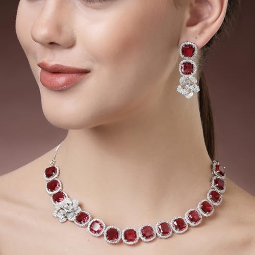 Image of ZENEME Jewellery Set Classic Style Rhodium Plated AD /American Diamond Studded Silver Plated Bejeweled Rose Necklace Jewellery Set for Women & Girls