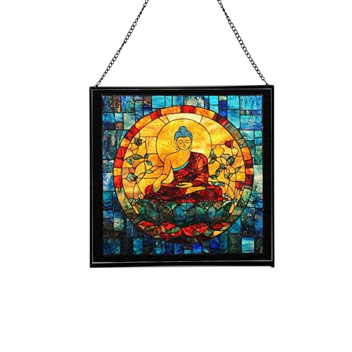 Buddha Mahamudra Space Stained Glass Suncatcher – Square Hanging Window Panel for Meditation Room, Zen Space, or Home – Peaceful Spiritual Glass Art Gift, Christmas, Thanksgiving JsaX65