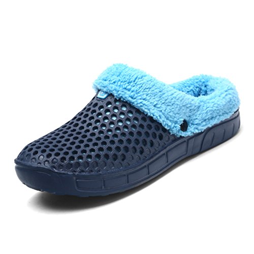QISHENG Men's Women Mules Clogs Slip On Garden Shoes Fur Lined Slides Flip Flops Warm Winter Slipper Blue