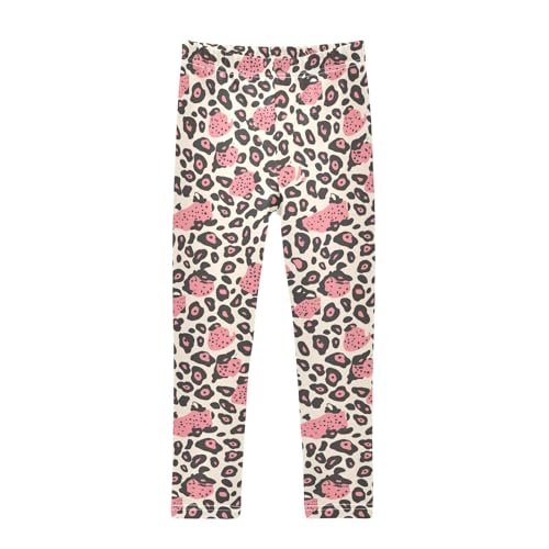 KLL Leopard Pattern Pink Black Girls Basic Leggings Comfortable High Waisted Sweatpants Running