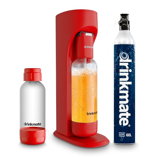 Drinkmate OmniFizz Sparkling Water Maker & Soda Streaming Machine | Carbonates Any Drink | SPECIAL BUNDLE | Includes 60L CO2 Cartridge + Two BPA-Free Bottles (Royal Red)