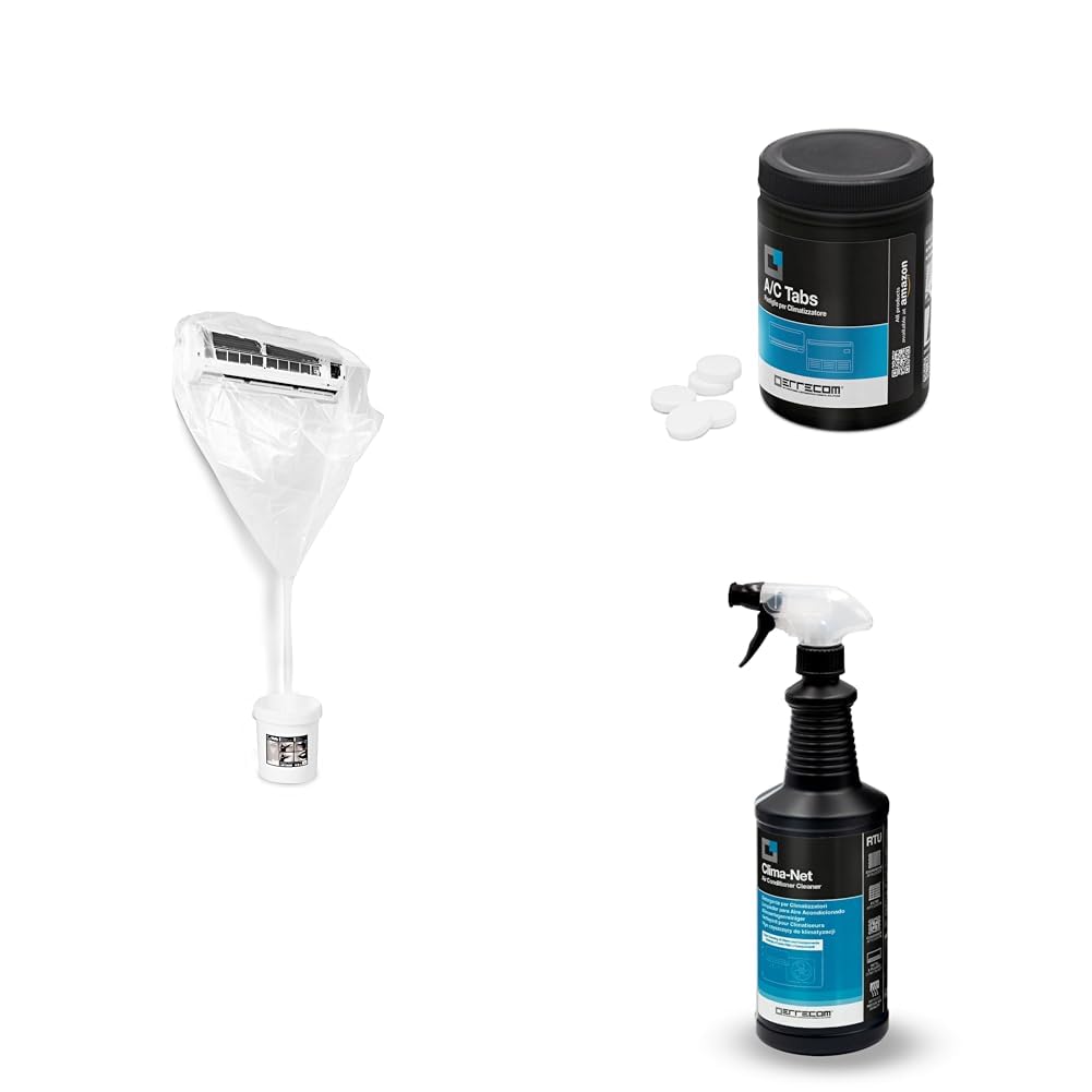 ERRECOM Kit pulizia climatizzatori, include Clima-Net 1L detergente pulizia unità interna e filtri, cover protettiva Wally, A/C Tabs 40 pastiglie climatizzatore ad azione prolungata, guanti inclusi