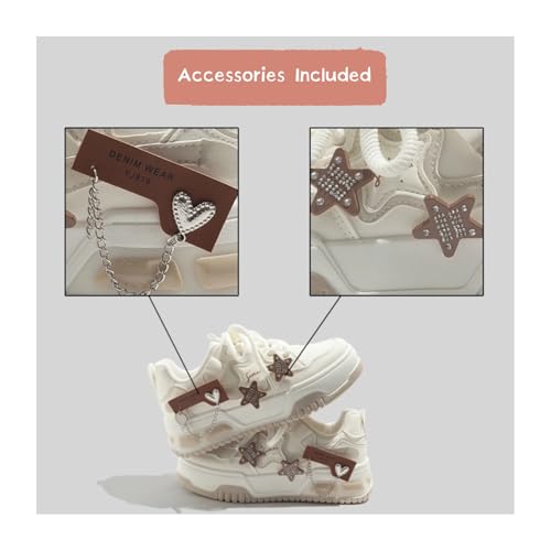 ZQW Kawaii Brown Heart & Star Trendy Korean-Style Y2K Aesthetic White Chunky Sneakers Walking Comfy Platform Shoes for Women2