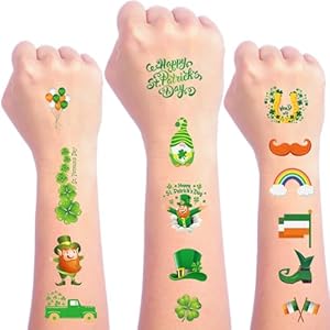 St Patricks Day Temporary Tattoos for Kids Adults, 10 Sheets St. Patricks Shamrock Stickers for Party Favor Decor, Irish Saint Patricks Tattoo Make up Fake Face Decals Supplies (Green)