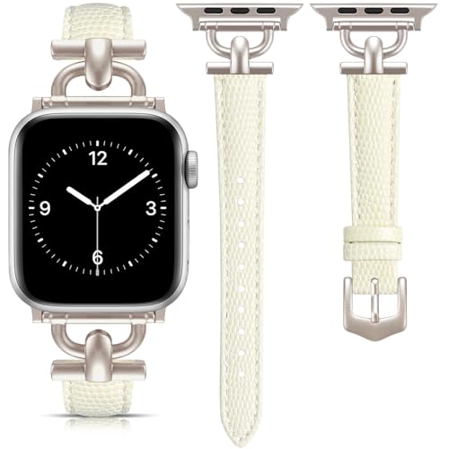 Image of Leather Band Compatible with Apple Watch Bands for Women, Dressy Fancy Strap for iWatch Series 11 /10 /9 /8 /7 /6 /5 /4 /3 /2 /1 /se /Ultra /Ultra 2(49mm 46mm 45mm 44mm 42mm,Milky White /Starlight)
