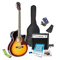 Complete beginner electro acoustic guitar kit with amplifier: Cutaway guitar, 40W amp, strap, digital tuner, two picks, soft gig bag, spare steel strings and 360° string cleaning tool included. The package's steel-string dreadnought acoustic guitar p...