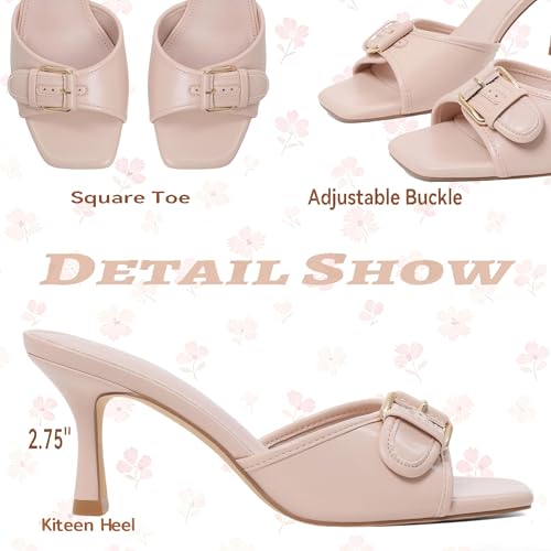 Image of Goiphrri Kitten Heels for Women Summer Heeled Sandals | Slip On Mule Heels with Adjustable Buckle Strap Wide Feet Open Toe Heels for Women Daily Vacation Fashion Dressy