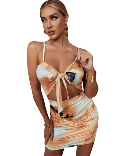 Verdusa Women s Tie Dye Tie Front Cut Out Ruched Cami Mini Bodycon Dress Multicolored S