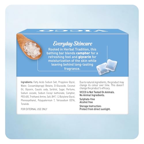 Image of Vicco Camphor Bathing Bar | Bathing Soap for Sooothing, Moisturizing, Hydrating and Skin Brightening | Suitable for All Skin Types | Men and Women, 100 gm Each Pack of 2
