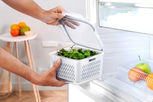 Image of Arto Food Storage Containers with Ventilated Produce Saver Baskets | Set of 4 Airtight Fridge Organizer Boxes | Keep Vegetables & Fruits Fresh Longer | Stackable Kitchen Container (White, 4-Piece Set)