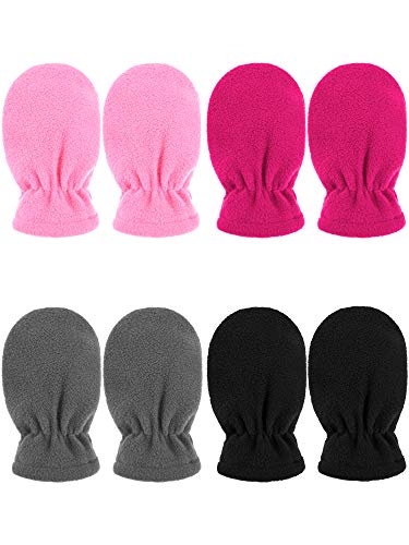 4 Pairs Baby Fleece Gloves Infant Winter Warm Snow Thickened Gloves Kids Fleece Mitten Child Polar Fleece Gloves for Outdoor Activities(Black, Pink, Purple, Rose Red,6-18 Months)