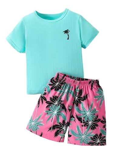 WMHNEI Boys' 2-Piece Summer Outfit Palm Tree Print Short Sleeve Tee & Shorts Set Size 7 8
