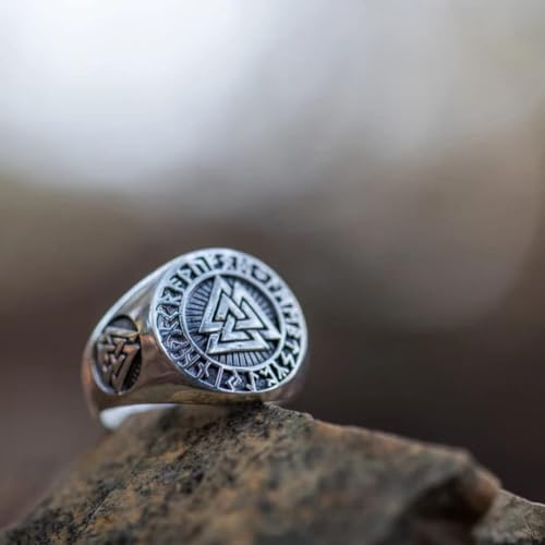 Image of THE MEN THING Pure Titanium Steel Ring - Silver Triple Valknut Ring with Rune Circle Symbol, Odin Symbol - Norse Scandinavian Viking Signet Ring for Men & Boys (26)