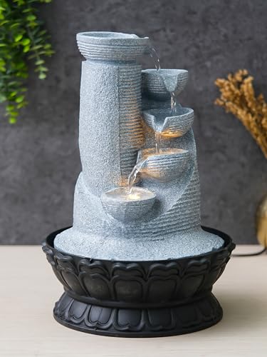 Image of CHRONIKLE Polyresin Grey Designer Table Top Indoor 5 Artistic Steps Waterfall Fountain with Yellow LED Lights & Water Flow Controller Pump (Size: 41 x 25 x 25 CM | Weight: 1980 gram | Color: Grey)